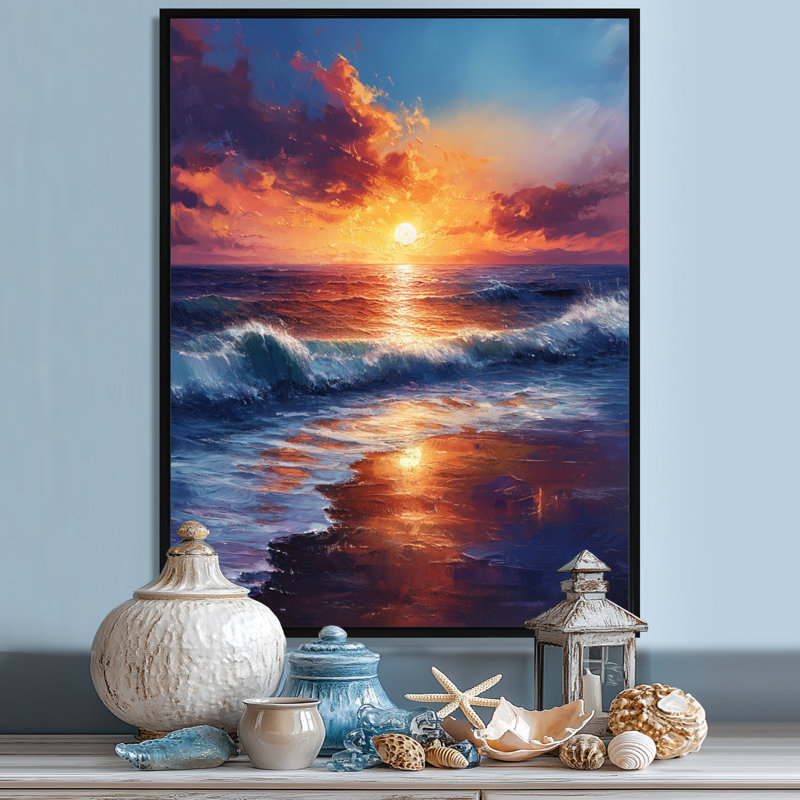 Jaune, bleu, coucher de soleil, océan, bonheur, plage, art mural, Cadre flottant noir, bois massif, H 32 po x l 24 po