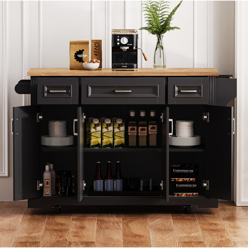 Grand îlot de cuisine de 54 po avec abattant en bois d'hévéa (sans tabourets), Noir