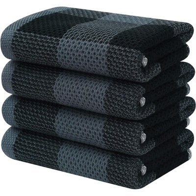 100% Cotton Waffle Weave Check Plaid Kitchen Towels, 13 X 28 Inches, Super Soft And Absorbent Dish Towels For Drying Dishes, 4-Pack, Black