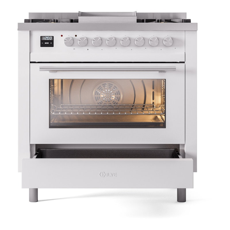 Cuisinière à double combustible 36 ILVE Professional Plus II, 6 brûleurs scellés, plaque chauffante (blanc), Blanc