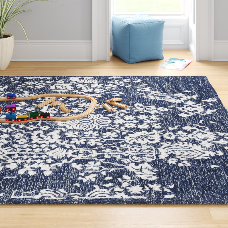 Tapis bleu marine / beige en laine touffeté à la main Bergmann, Rectangle 9 pi x 12 pi