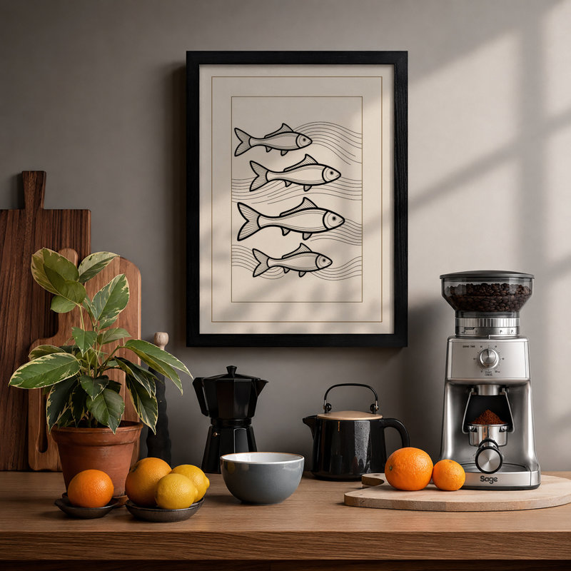 Four Fish Study Japandi - Framed Print, Black, A4 - 29.7 x 21.0 cm