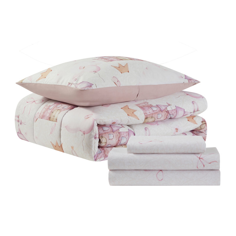 Fairytale Princess Pink Printed Kids Bedding Set with Comforter