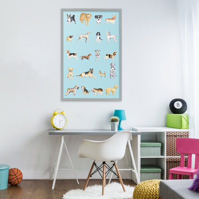 Dog Breeds on Blue Framed Giclee, design by Andi Metz