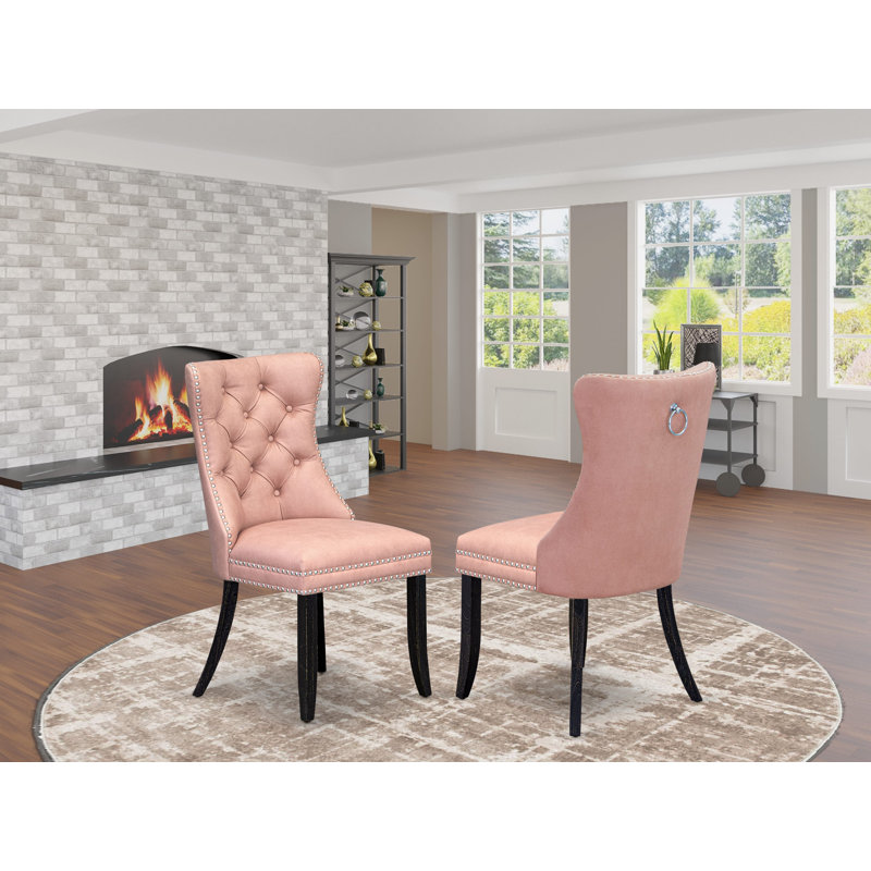 Dallas Parson Dining Room Chairs - Button Tufted Nailhead Beige Red Polyester Fabric Upholstered Chairs, Set of 2, Sand Blasted Black