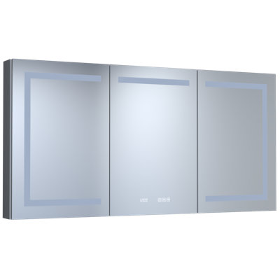 60 po L 30 po H Pharmacie rectangulaire en aluminium argenté encastré / à fixation en surface avec miroir DEL et horloge