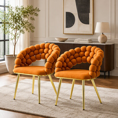 Set of 2 Velvet Dining Chairs, Mustard Puffy Back with Metal Legs, Modern Upholstered Side Chairs for Various Rooms