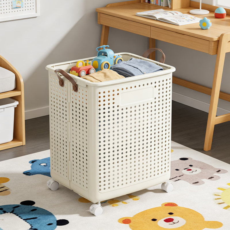 Cream White,Foldable Laundry Hamper With Wheels, Breathable Mesh Design, Heavy-Duty PP Material, Space-Saving Collapsible Storage Basket For Home, Bathroom, And Laundry Room