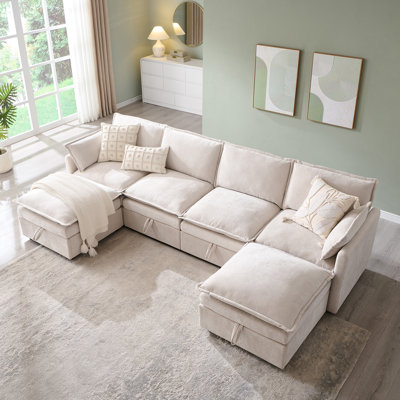 112.6" Modern Modular Sofa with Large Storage Space, Chenille Fabric U-Shaped Modular Sofa with Ottoman, Featuring Deep Seat Cushions and Throw Pillows