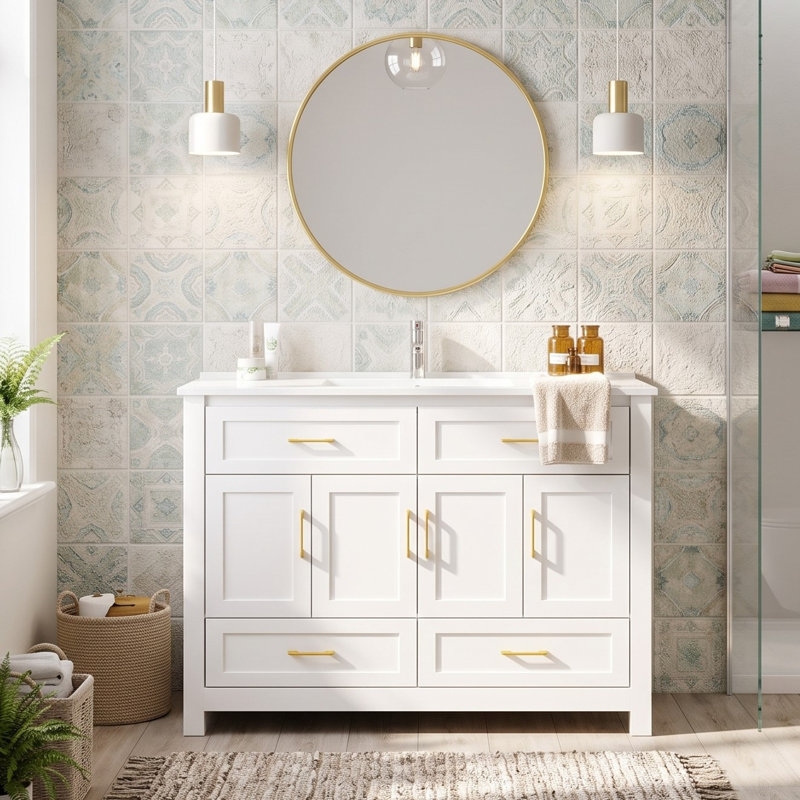 Meuble-lavabo de salle de bain avec lavabo en résine et portes à fermeture douce