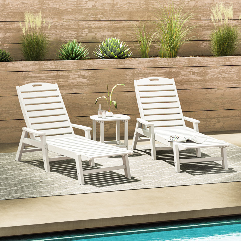 Nautical 3 Piece Chaise Lounge Set with Side Table, White