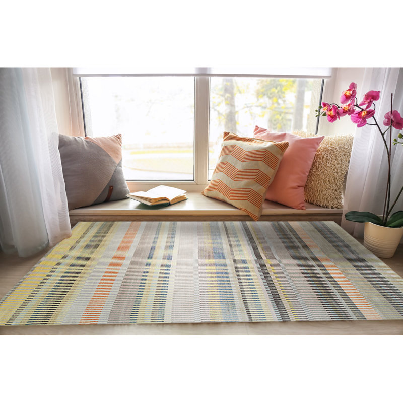 Knotted Strpied Beige Handmade Wool Stripe/Beige Modern Hand-Knotted Area Rug, Rectangle 6' x 9'