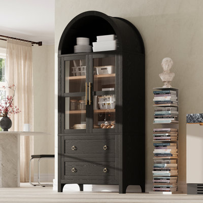 71" Tall Arched Kitchen Pantry Cabinet With 2 Large Drawers, Modern Farmhouse Kitchen Storage Cabinets With Adjustable Shelves, Glass Door, Wood Versatile Cupboard For Kitchens, Dining Room