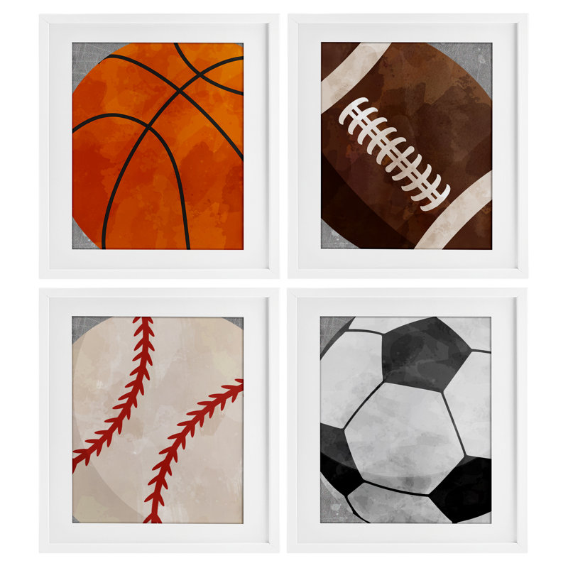 Team Sports Bouncing Fun, ensemble de 4 impressions encadrées sous verre, design par Christine Simpson Art, H 21 po x l 17 po