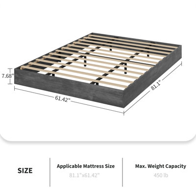 Queen Size 7.68" Low Profile Platform Bed Frame, Wooden Slat Support, No Box Spring Needed Modern Minimalist Headboard-Free Bed Base for Bedroom, Water-Washed Black