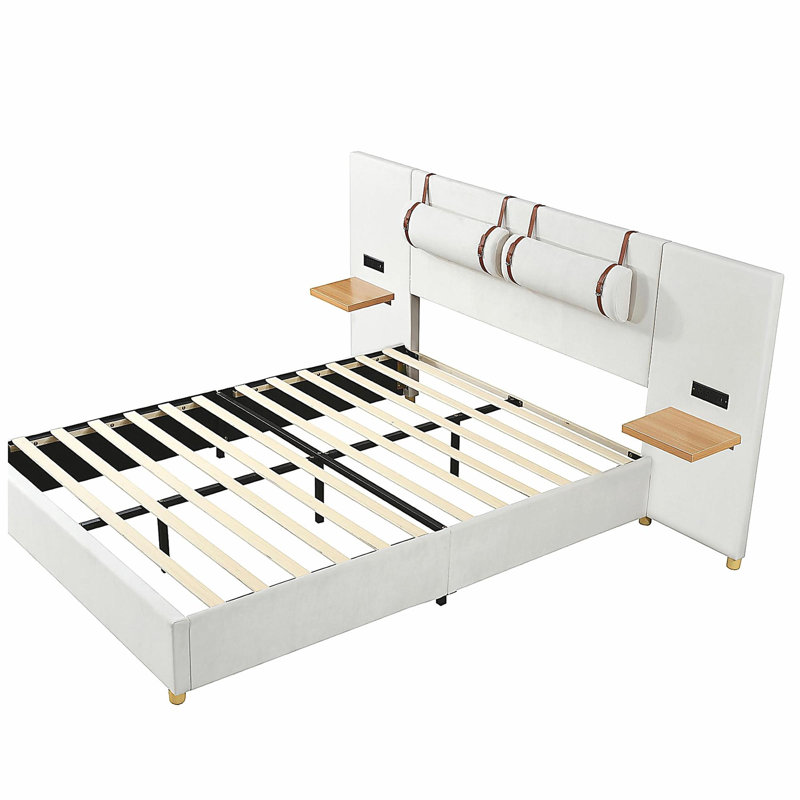 Lit plateforme à plateau-coussin avec deux prises et ports de charge USB des deux côtés, deux oreillers, tablette de rangement, velours