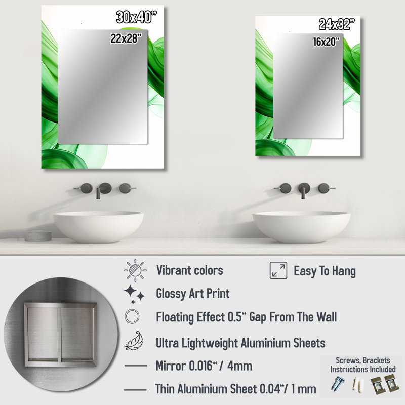 Green and white Fractal Waves IV - Fractal Large Mirror, Green Unique Wall Mirror Decor, Printed Metal Art, 32" x 24"