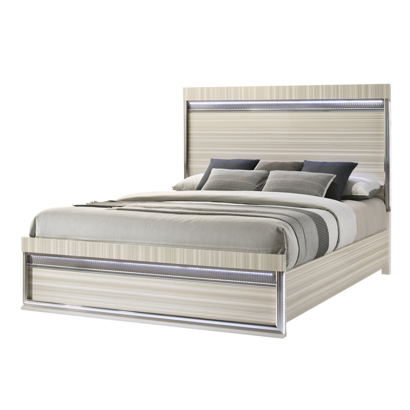 Lit de style moderne Leonor en bois et DEL gris avec détails linéaires épurés, Grand lit