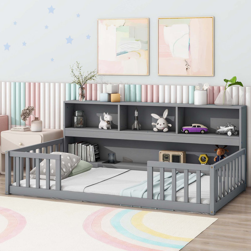 Full Floor Bed With Side Bookcase,Shelves,Guardrails, Gray, Twin