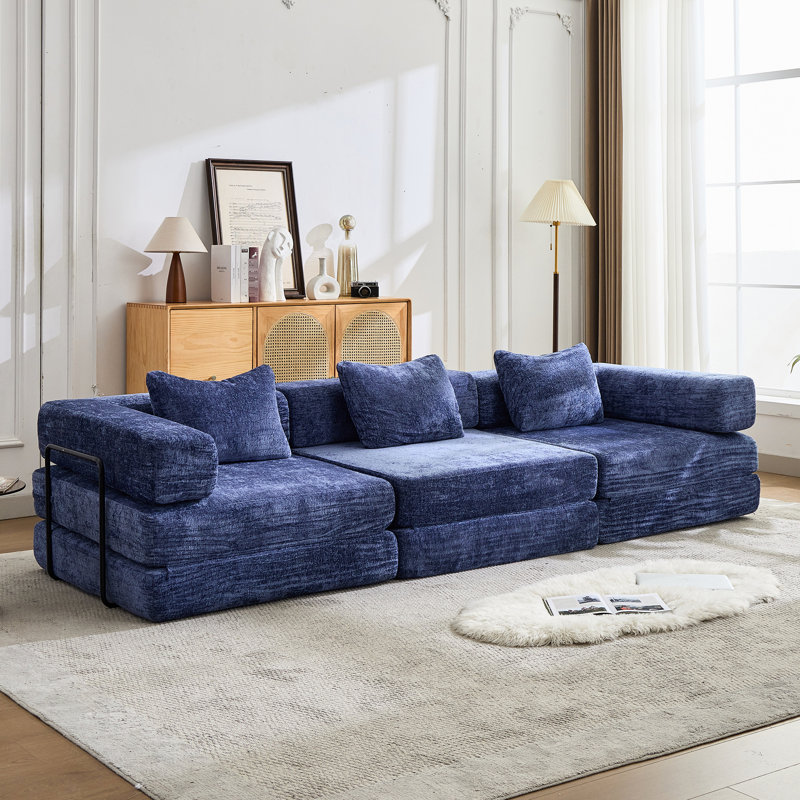 Lit de sol modulaire convertible 3 places bleu foncé sans ossature, en chenille, sans assemblage, idéal pour la poterie, les séances de visionnage de séries télé et bien plus encore.