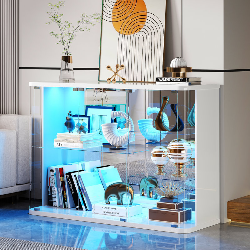 Display Case With Glass Doors And Rgb Light, White