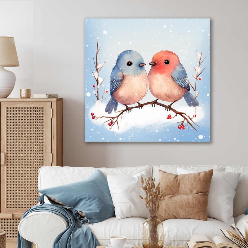 Hiver, oiseaux mignons amoureux de la chambre de bébé III - Art mural oiseau, Toile tendue, H 36 po x l 36 po x P 1,5 po