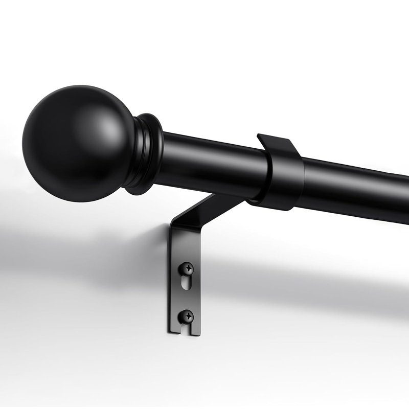 87-243cm Black Metal Curtain Pole, 16mm Curtain Rod with Finials and Brackets, Black