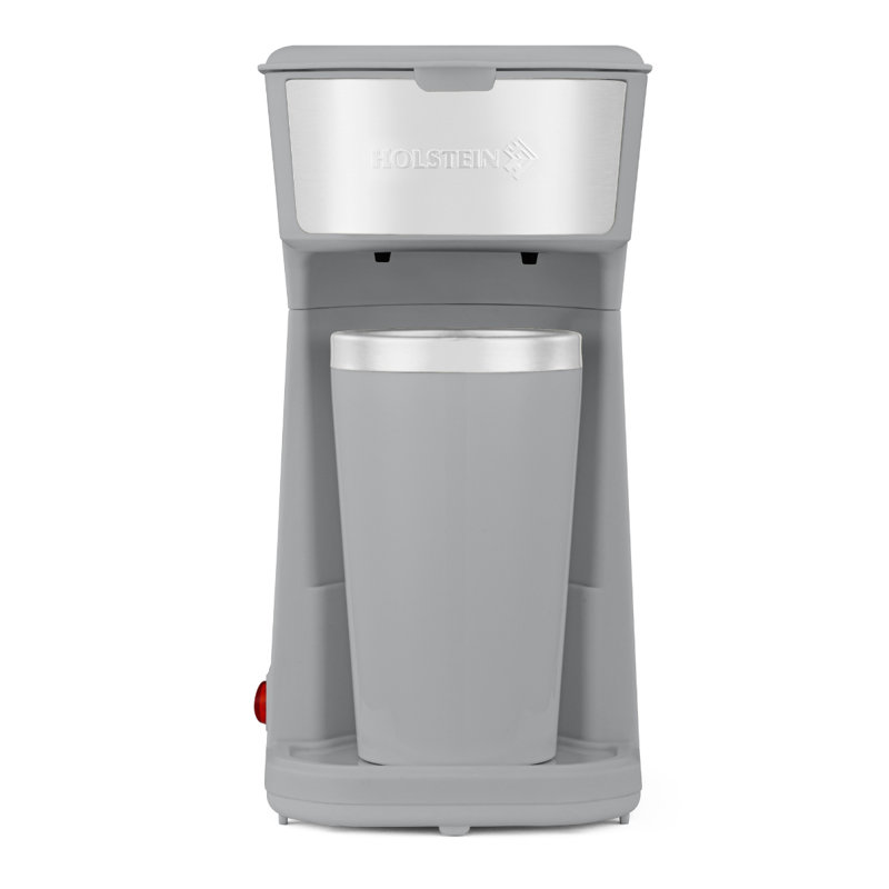 Holstein Housewares Personal Single Serve Coffee Maker Includes 14Oz. Stainless Steel Interior Thermal Travel Mug, Gray
