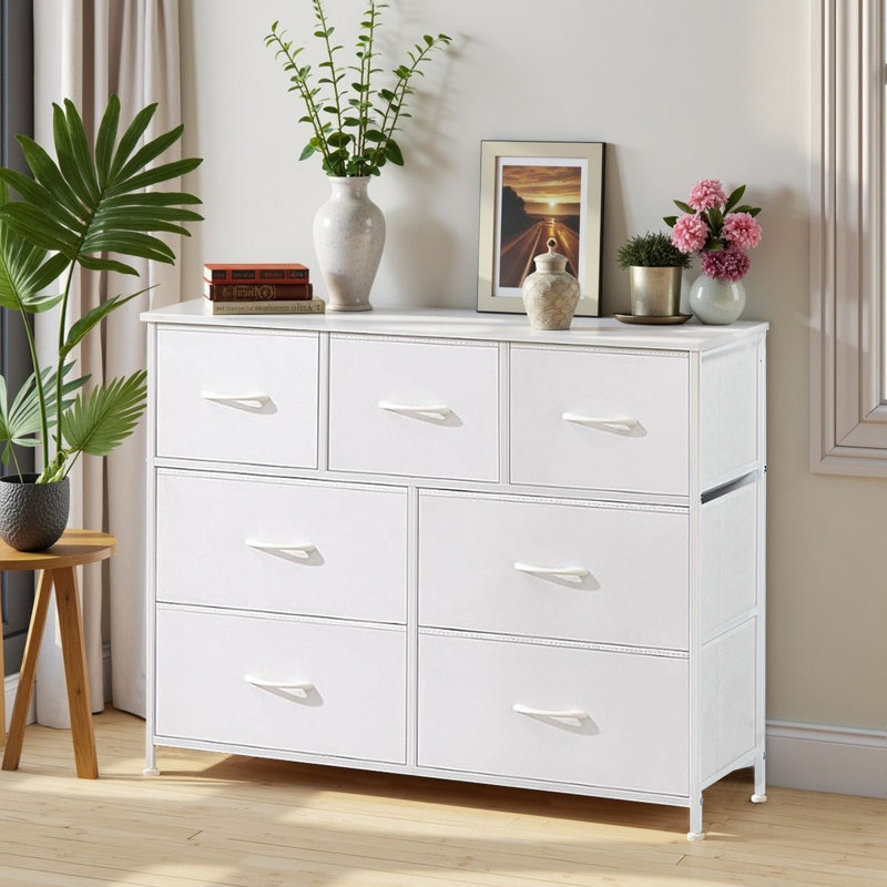 Commode avec 7 tiroirs, grande commode pour la chambre à coucher, grande commode pour le salon, Blanc