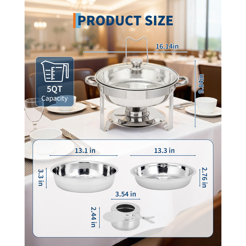 Ensemble de 4 chauffe-plats ronds et chauds avec couvercle en verre Chafing Vaisselle pour buffet, 5 pintes, argent