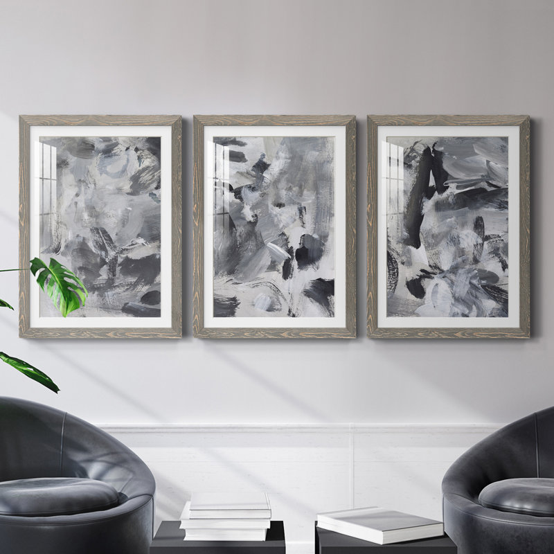 «Black & White Mix I», ensemble de 3 reproductions de cadres photo, H 31,5 po x l 47 po x P 1,5 po, Gris