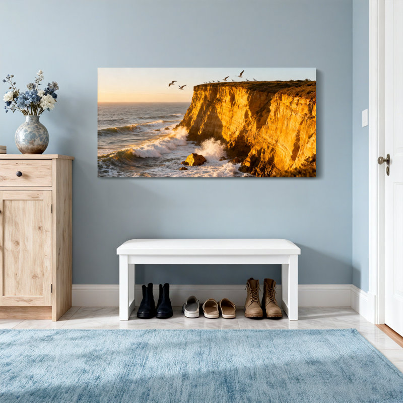 Paysage et nature, coucher de soleil, falaises, océan, vagues, oiseaux, paysage sur toile, H 20 po x l 40 po