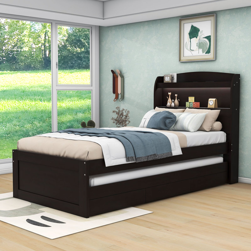 2 Drawers Platform Bed with Storage and Trundle, Dark Brown, Twin XL