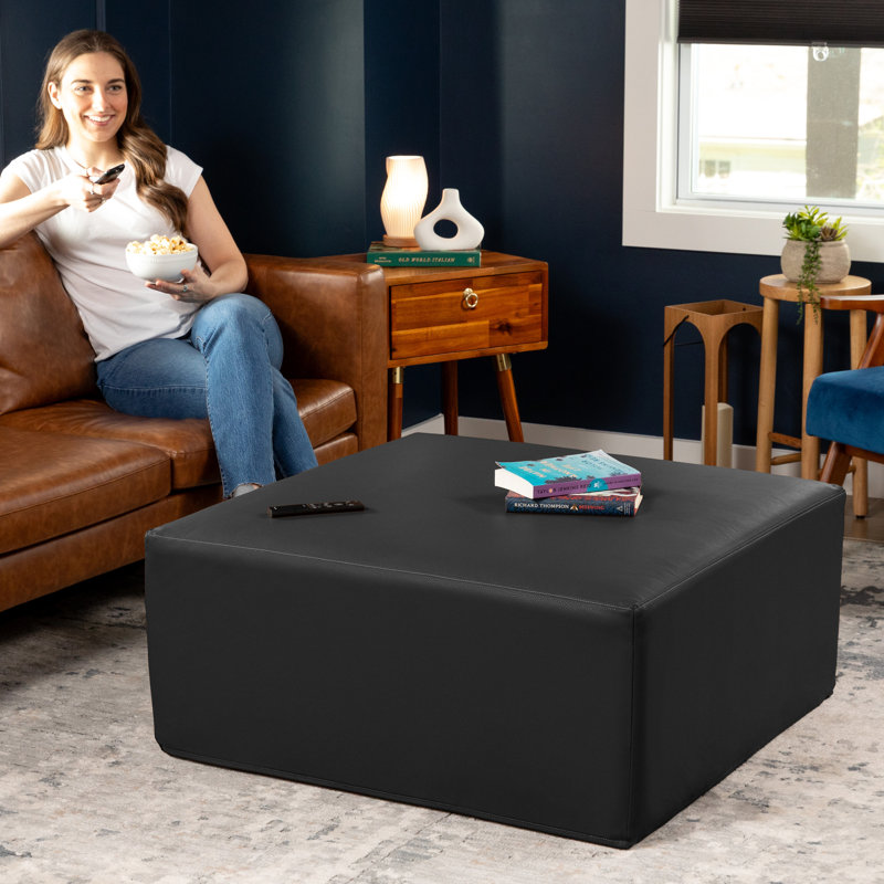 Jaxx Fairlie Couch Ottoman - Oversized Square Foam Coffee Table Ottoman, 36", Premium Faux Leather, Black Faux Leather