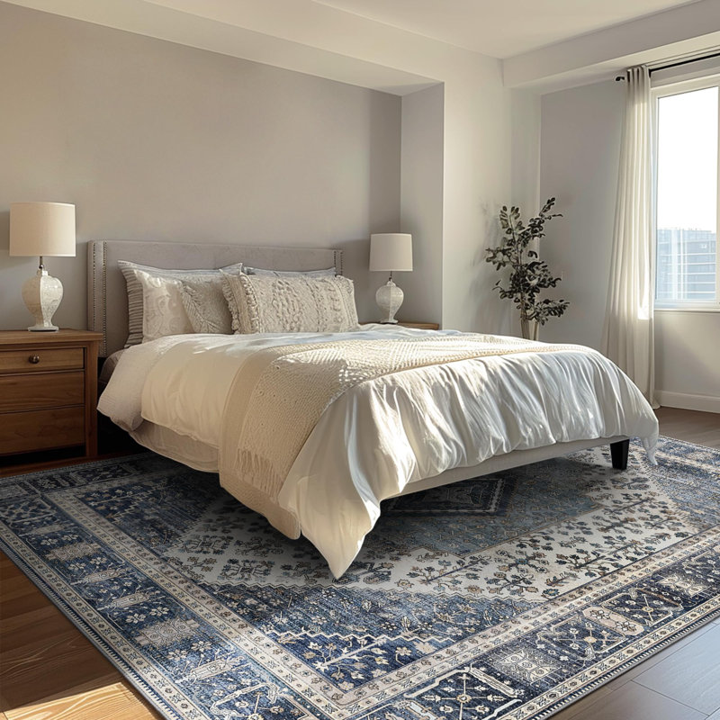 Oriental Machine Washable Blue Area Rug, Rectangle 80 x 150 cm