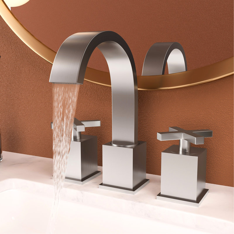 Robinet de lavabo surdimensionné en nickel brossé - Laiton massif et acier inoxydable, comprenant un drain escamotable et 2 conduites d'alimentation en eau pour une poignée de lavabo fonctionnelle grise