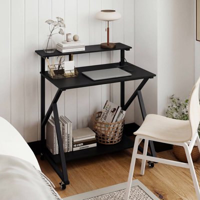 Rolling Computer Desk, 32” Laptop Desk with Charging Station & Monitor Shelf