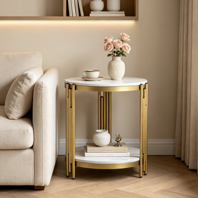 2 Tier Faux Marble End Table with Storage Shelf, Modern Side Table for Living Room, Bedroom