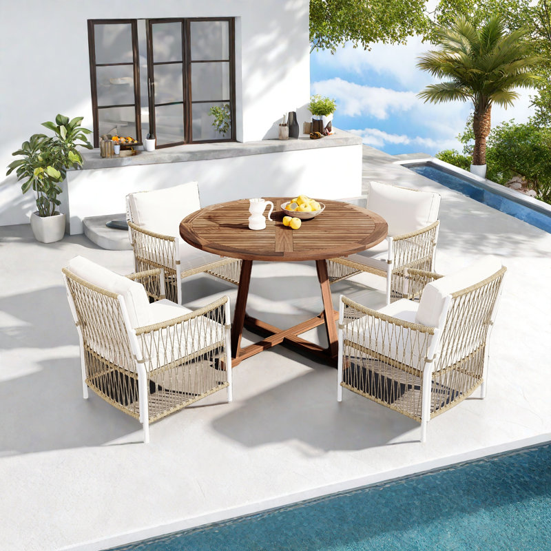 5-piece Patio Dining Table Set Included 1 Extendable Coffee Table, 4 Rattan Arm Chairs With Cushions And Iron Frame