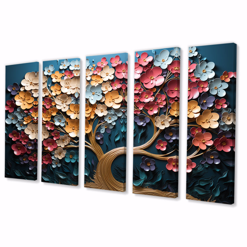 Orchidée dorée colorée jardin de branches IV - arbre 5 pièces, décoration murale, H 28 po x l 60 po