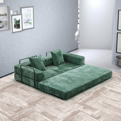 Le canapé-lit en chenille vert foncé, le canapé-lit convertible compressé avec dossier et accoudoirs, sert également de futon confortable pour le salon et la chambre à coucher