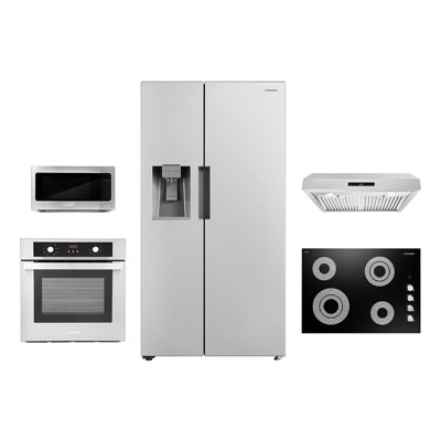 5 Piece Kitchen Package with Side by Side Refrigerator & 30" Electric Cooktop & Wall Oven