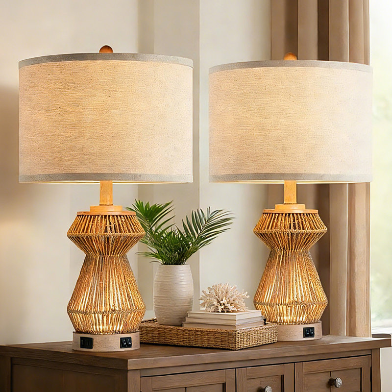 24'' Boho Handwoven Rope Table Lamp Set of 2 with Night Light and Dual USB A+C Charging Ports