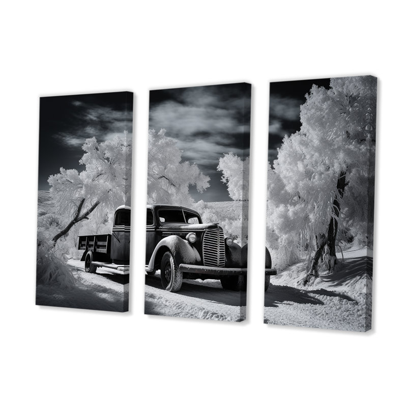 Charme de camion noir et blanc en hiver - ensemble d'art mural camionnette, H 32 po x l 48 po x P 1 po