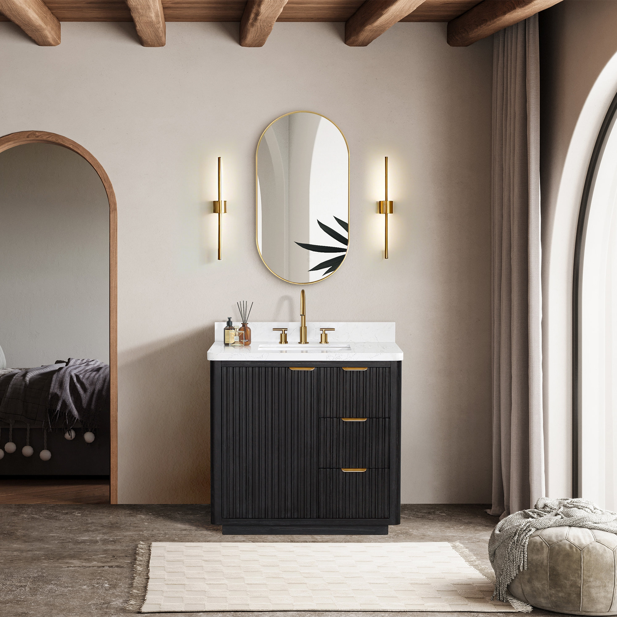 Adela 36'' Single Bathroom Vanity, Black, Gold, White