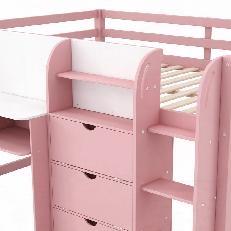 Bed with Built-in Desk,Storage Cabinets and Open Bookcase, Pink