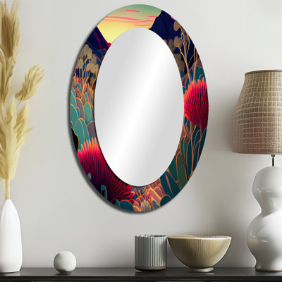 Fleurs colorées pendant l'heure dorée I - Paysages, miroir décoratif ovale sur métal