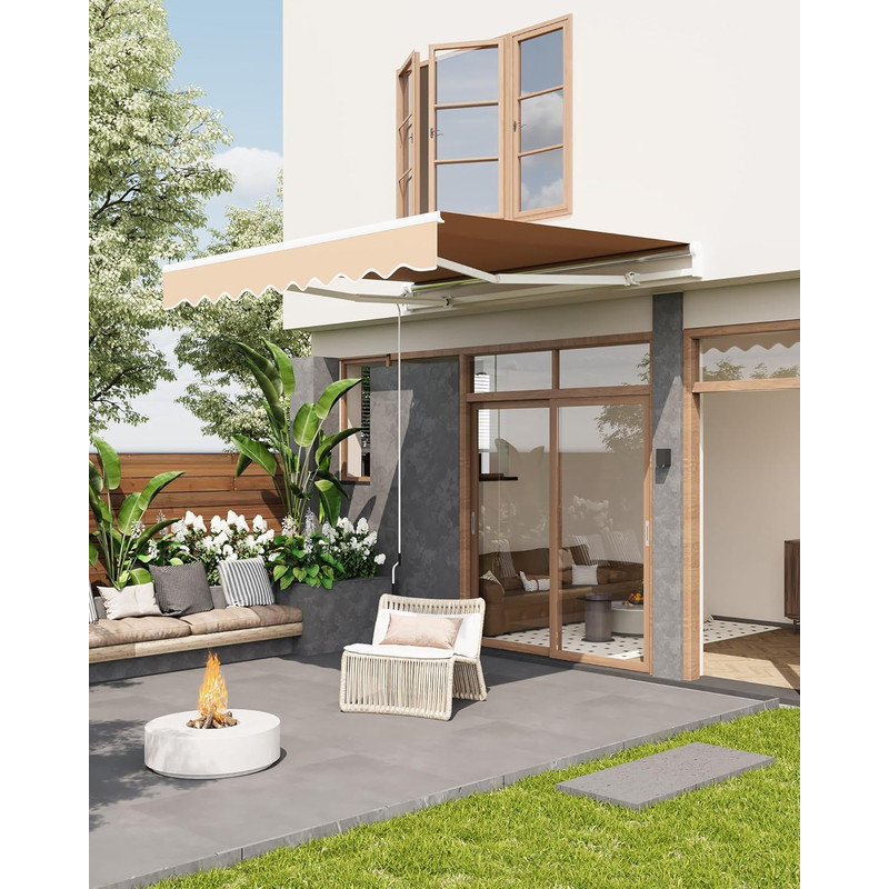 10'x8' Manual Retractable Awning with Crank Handle, Waterproof PU-Coated Polyester, Aluminum Frame for Deck, Patio, Porch, Balcony