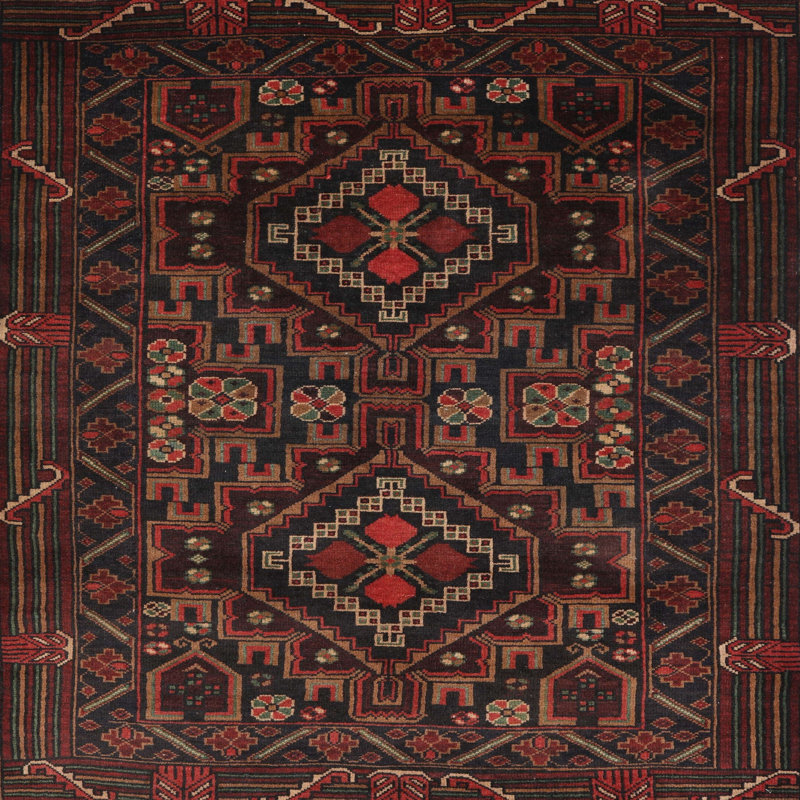 Tapis traditionnel mehroon/noir/crème, Carré 6 pi