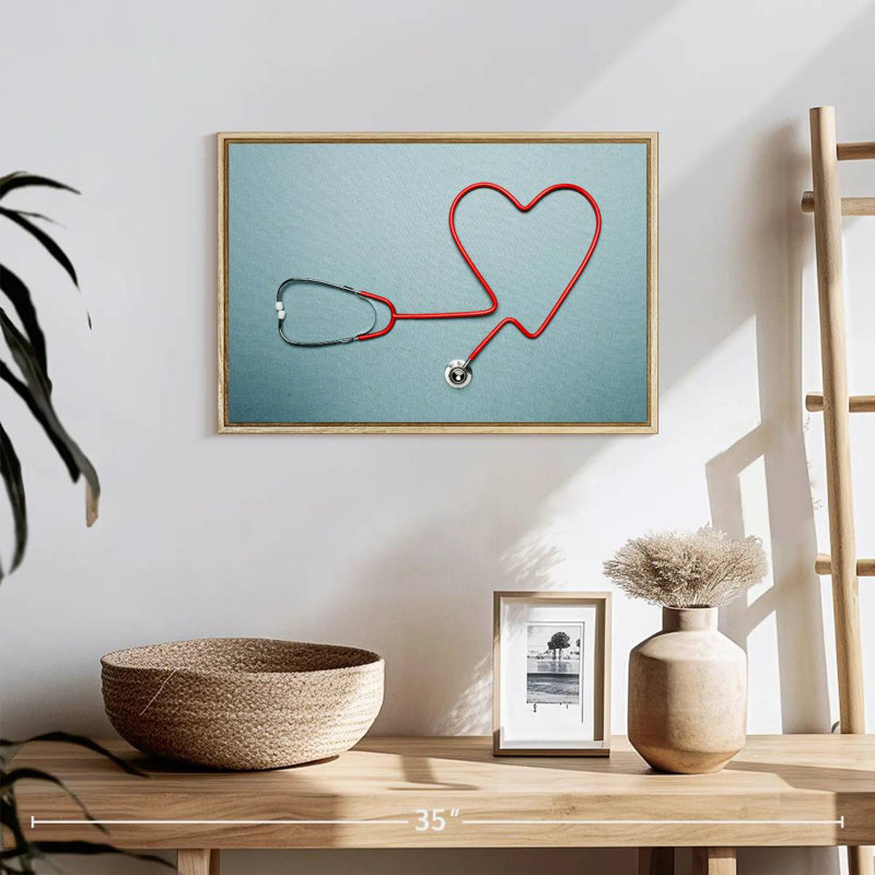 Stéthoscope en forme de cœur, 19 po x 13 po, Cadre flottant en bois naturel